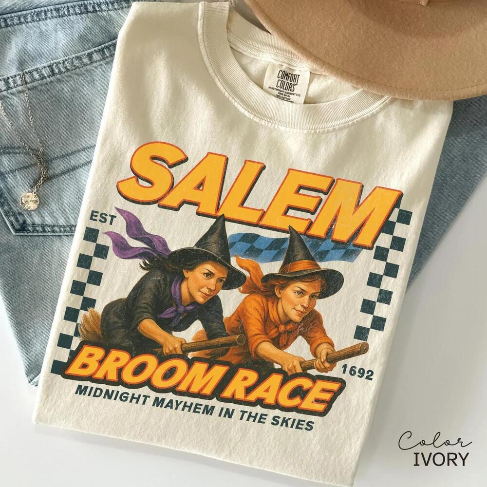 Retro Halloween Salem Witch Shirt, Salem Broom Race, S Halloween